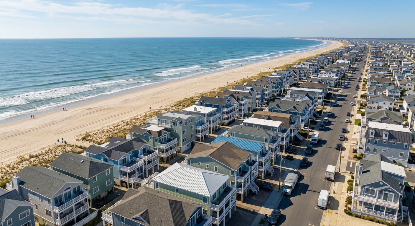 An aerial view of Wildwood Crest beachfront properties on a sunny morning showing the wide sandy bea