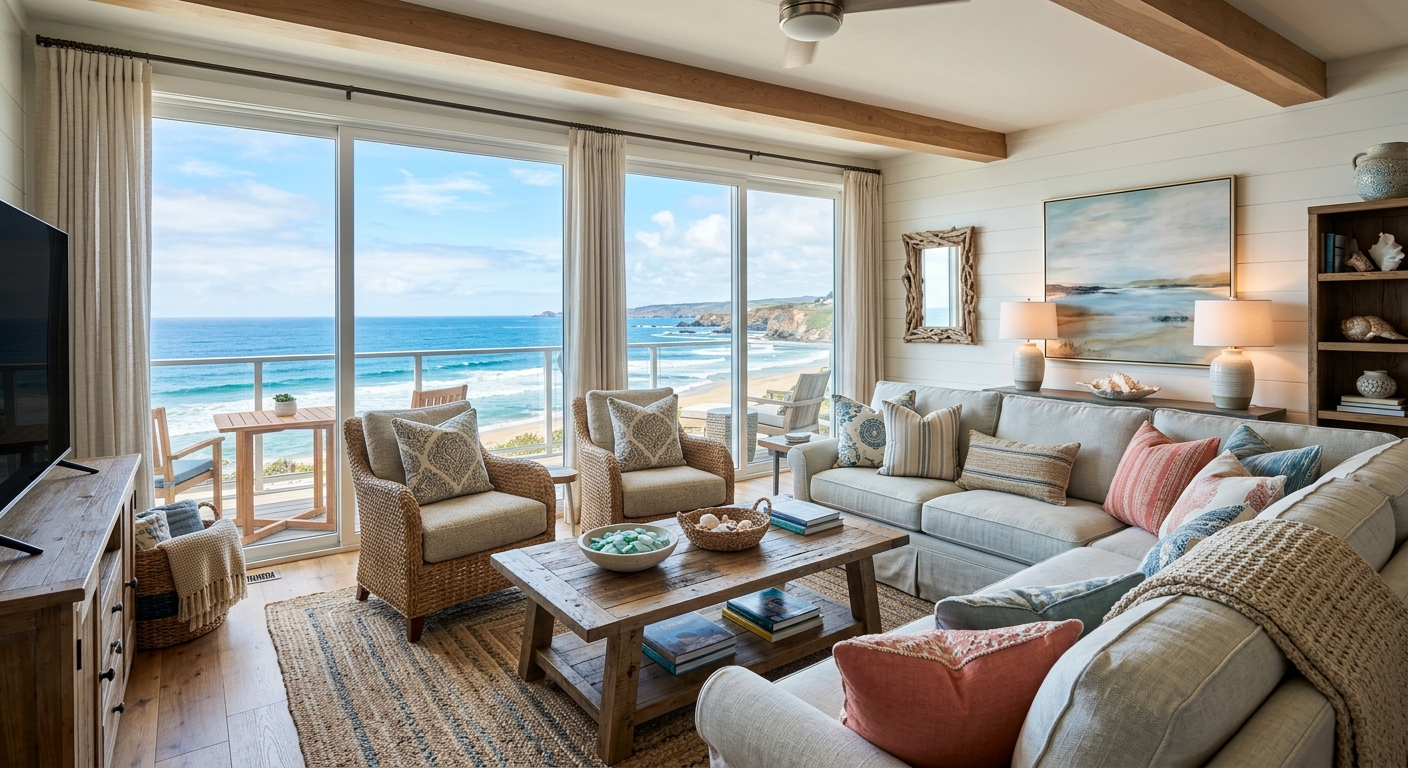 A beautifully furnished vacation rental living room with ocean views through large windows, featurin