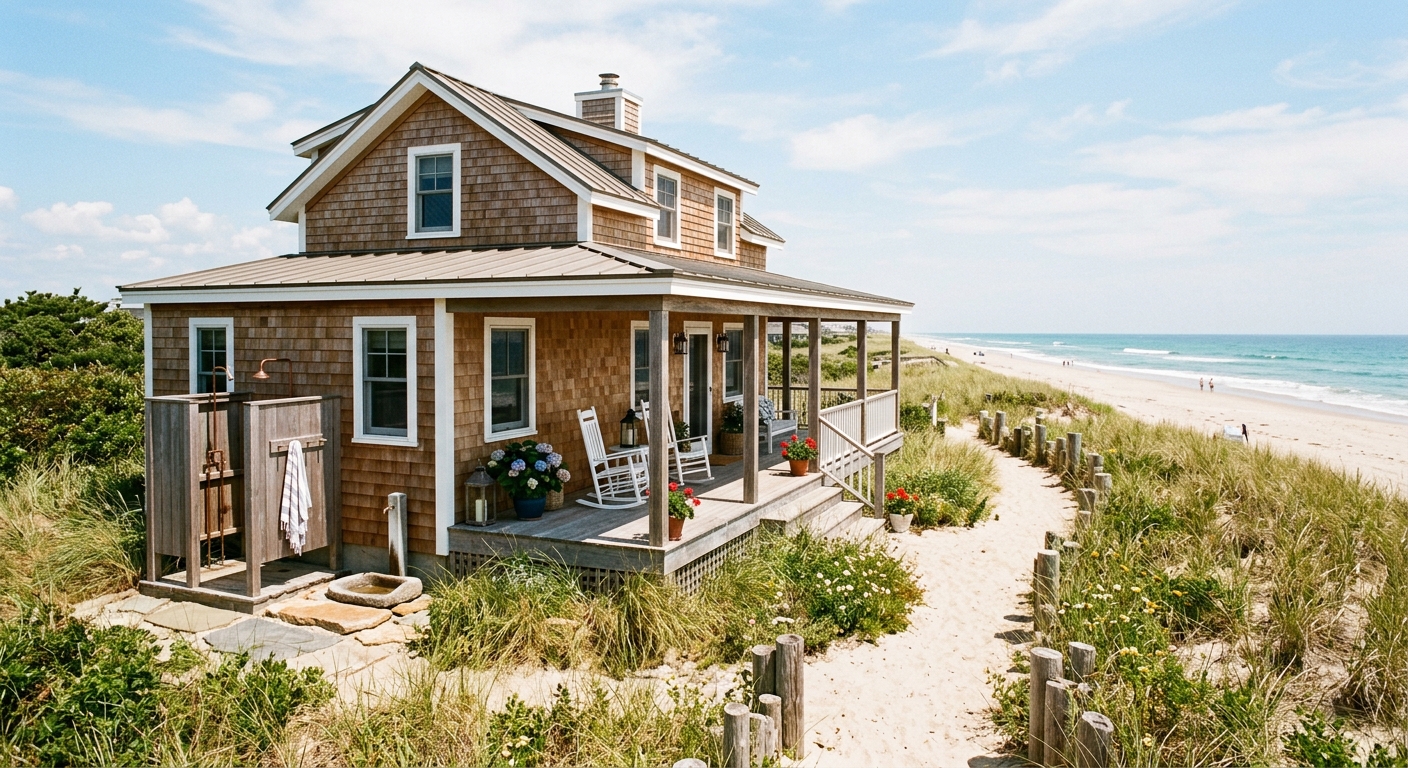 A charming single-family beach house with a wraparound porch, outdoor shower, and beach access pathw