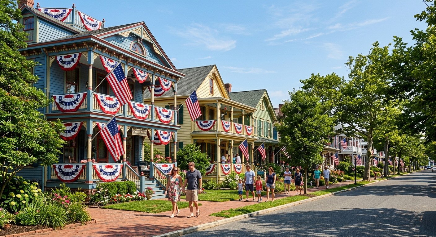 Historic Victorian houses in Cape May decorated with red, white, and blue bunting and American flags