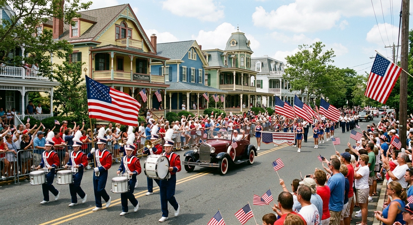 A patriotic parade marching down Cape May's Washington Street with Victorian houses in the backgroun