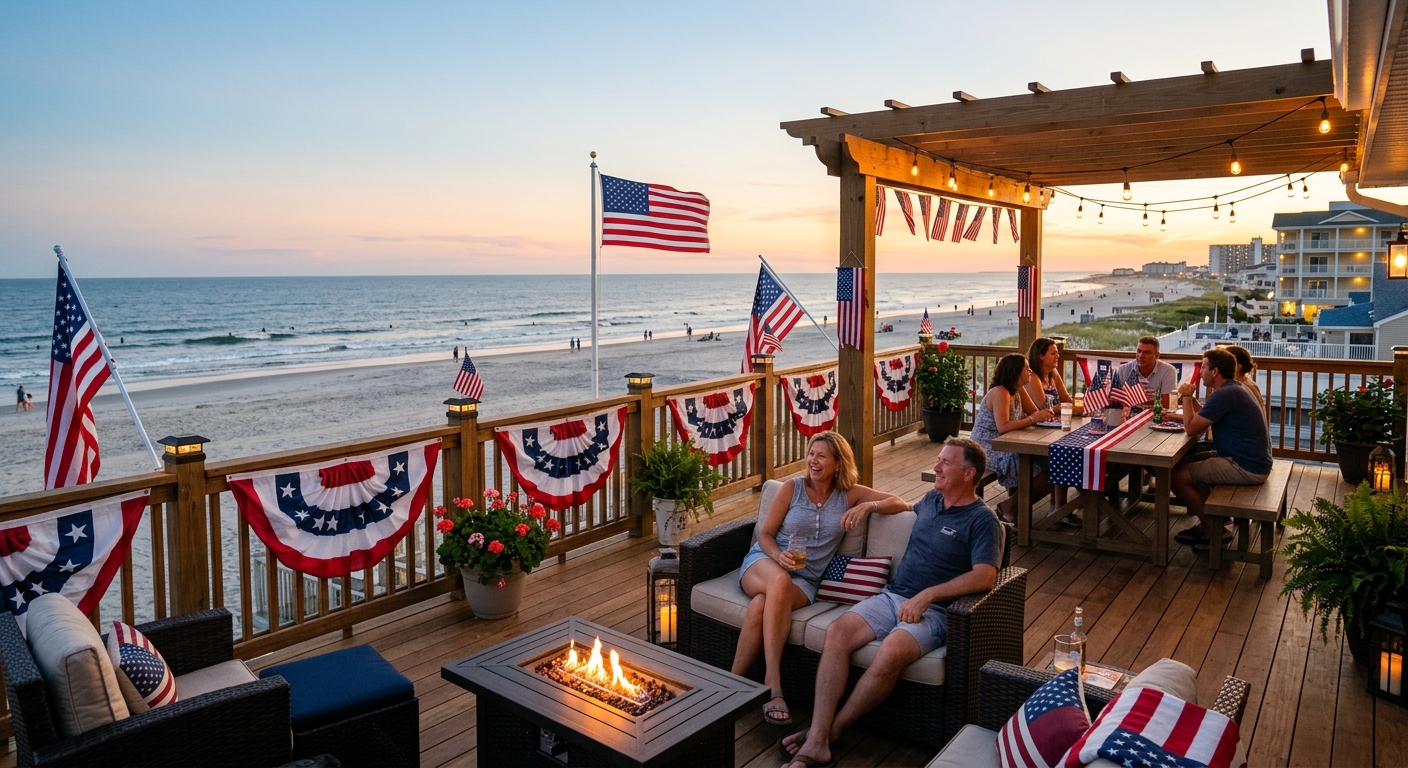 A spacious beachfront vacation rental deck in Wildwood Crest decorated with patriotic decorations, f