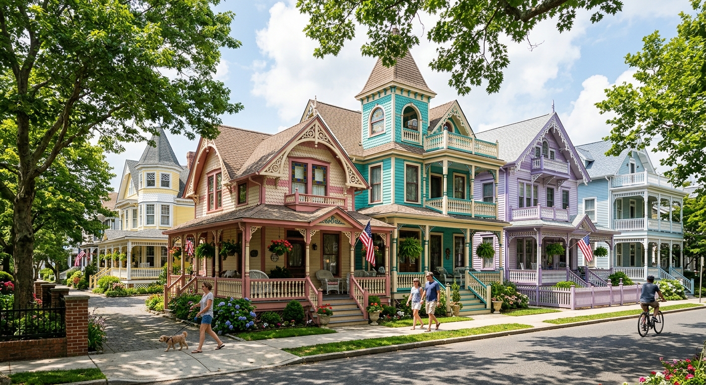 A row of colorful Victorian houses with ornate gingerbread trim and wraparound porches lining a tree