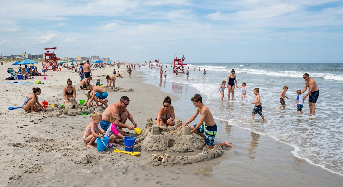 Families with children building sandcastles and playing in the surf on the wide sandy beach of Wildw