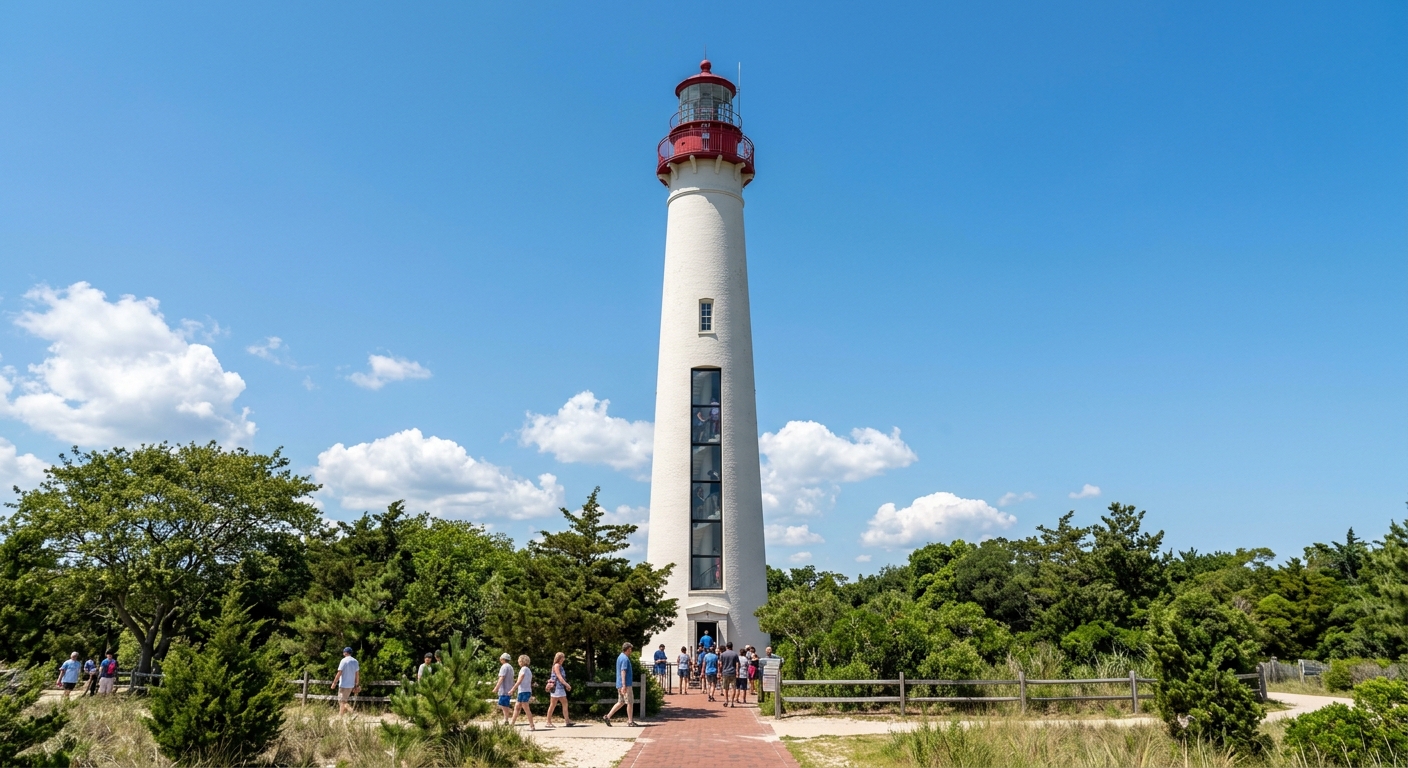 The iconic Cape May Lighthouse standing tall against a blue sky with visitors climbing the spiral st