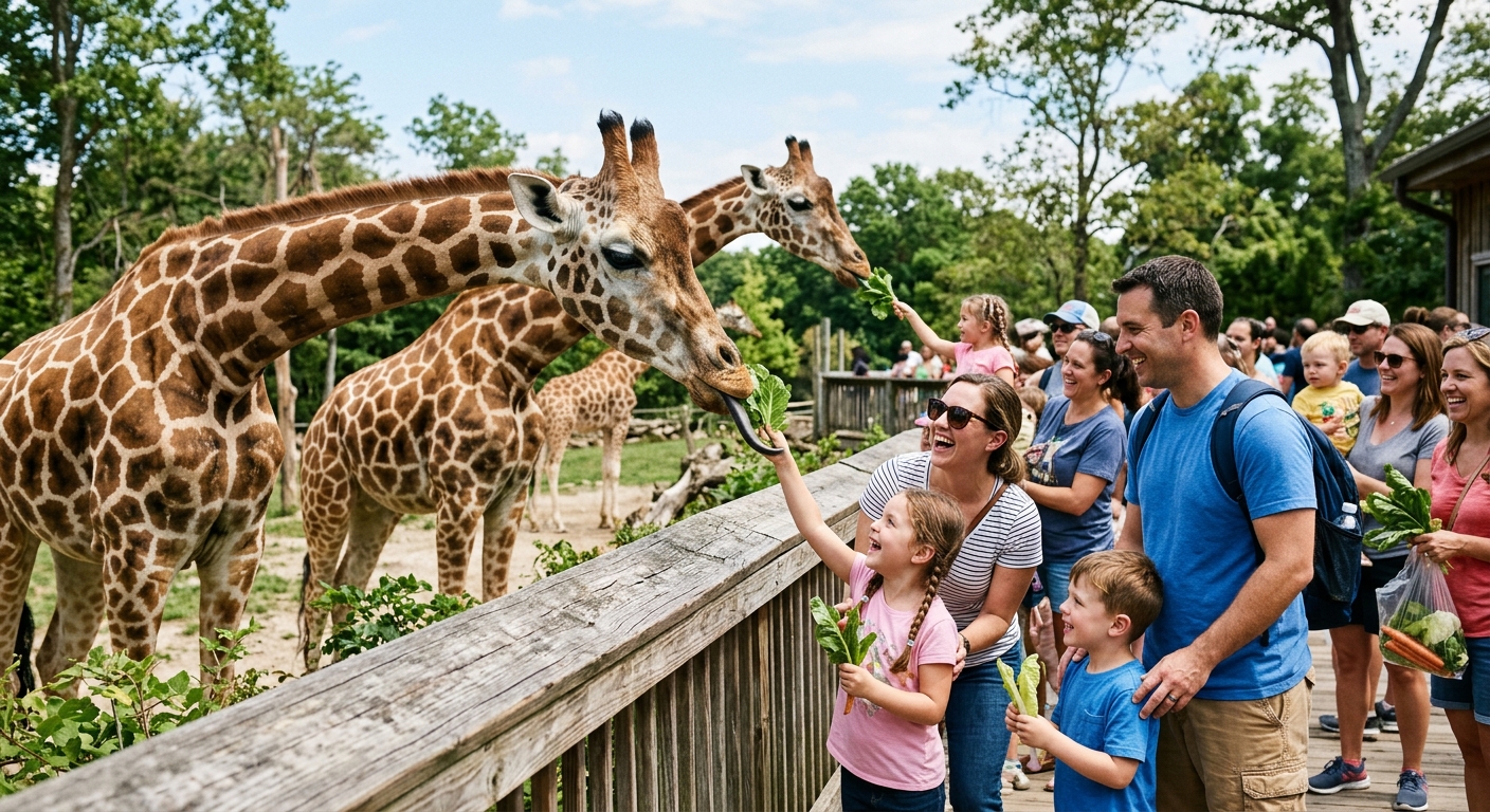 Children and parents watching giraffes at Cape May Zoo on a sunny afternoon with the tall animals re