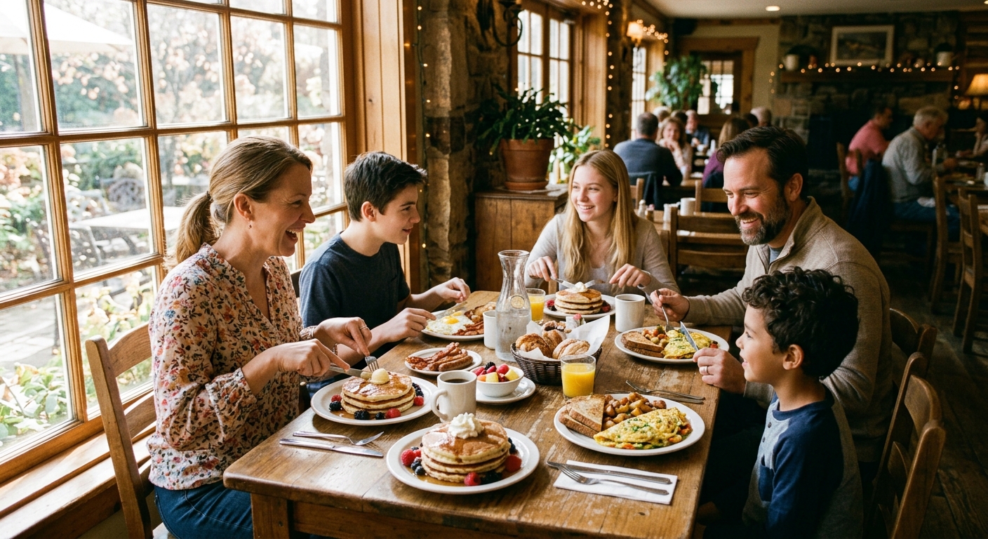 A family of five sitting around a large breakfast table at a cozy restaurant with plates of pancakes