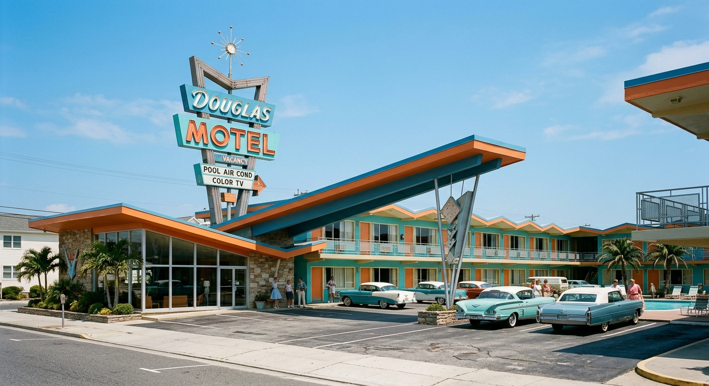 A vintage 1950s-style motel with distinctive angular architecture and a classic neon sign against a 