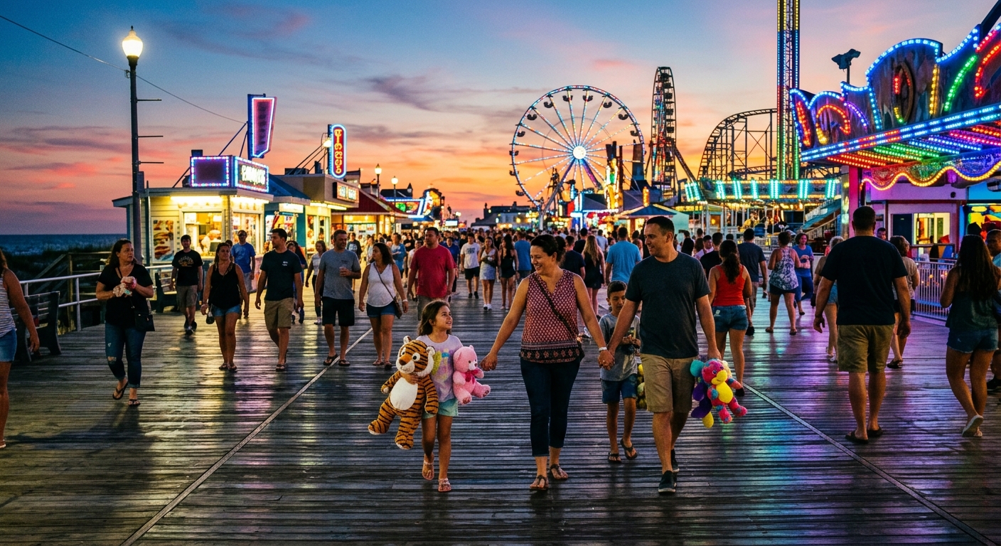 Families walking along the bustling Wildwood boardwalk at sunset with colorful neon signs from amuse