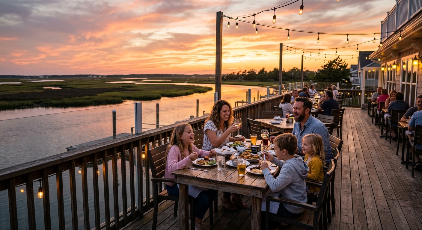 A family enjoying dinner on the outdoor patio of a waterfront restaurant in Wildwood Crest with mars