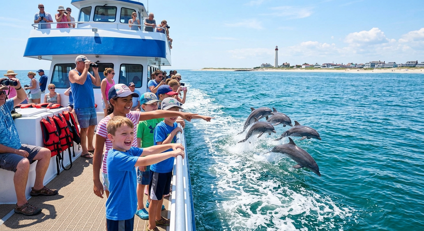 Children pointing excitedly at playful dolphins jumping alongside a whale watching boat with the Cap