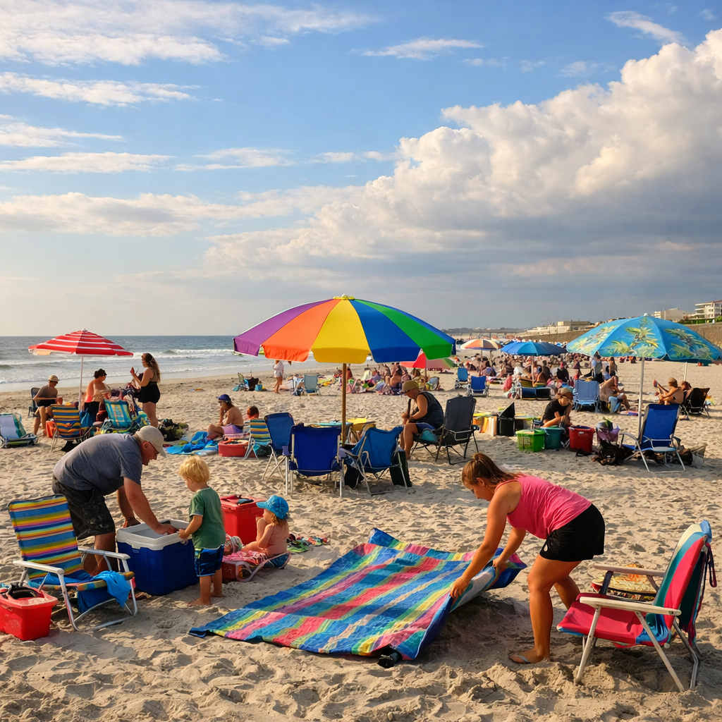 Families setting up colorful beach chairs and blankets on the sand in late afternoon, with beach umb