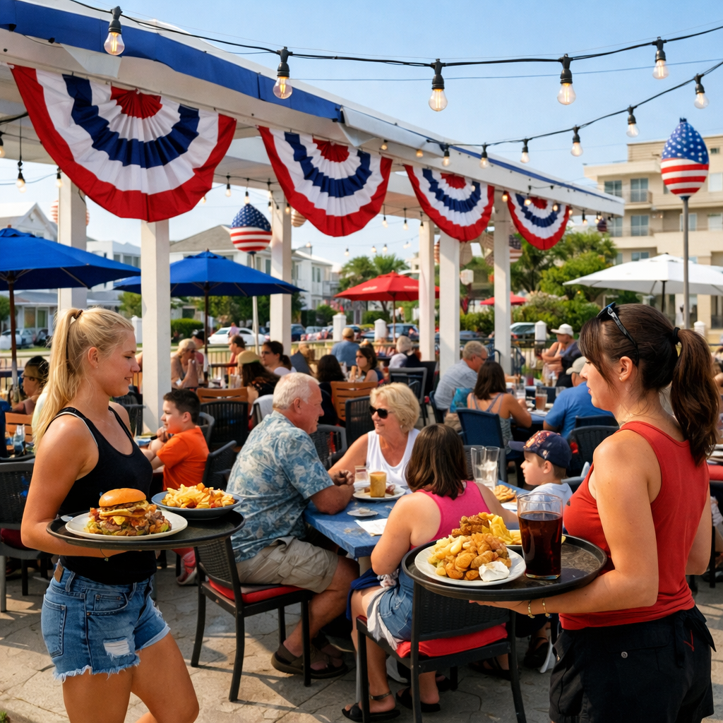 A busy outdoor restaurant patio in Wildwood Crest decorated with red, white and blue bunting, with f