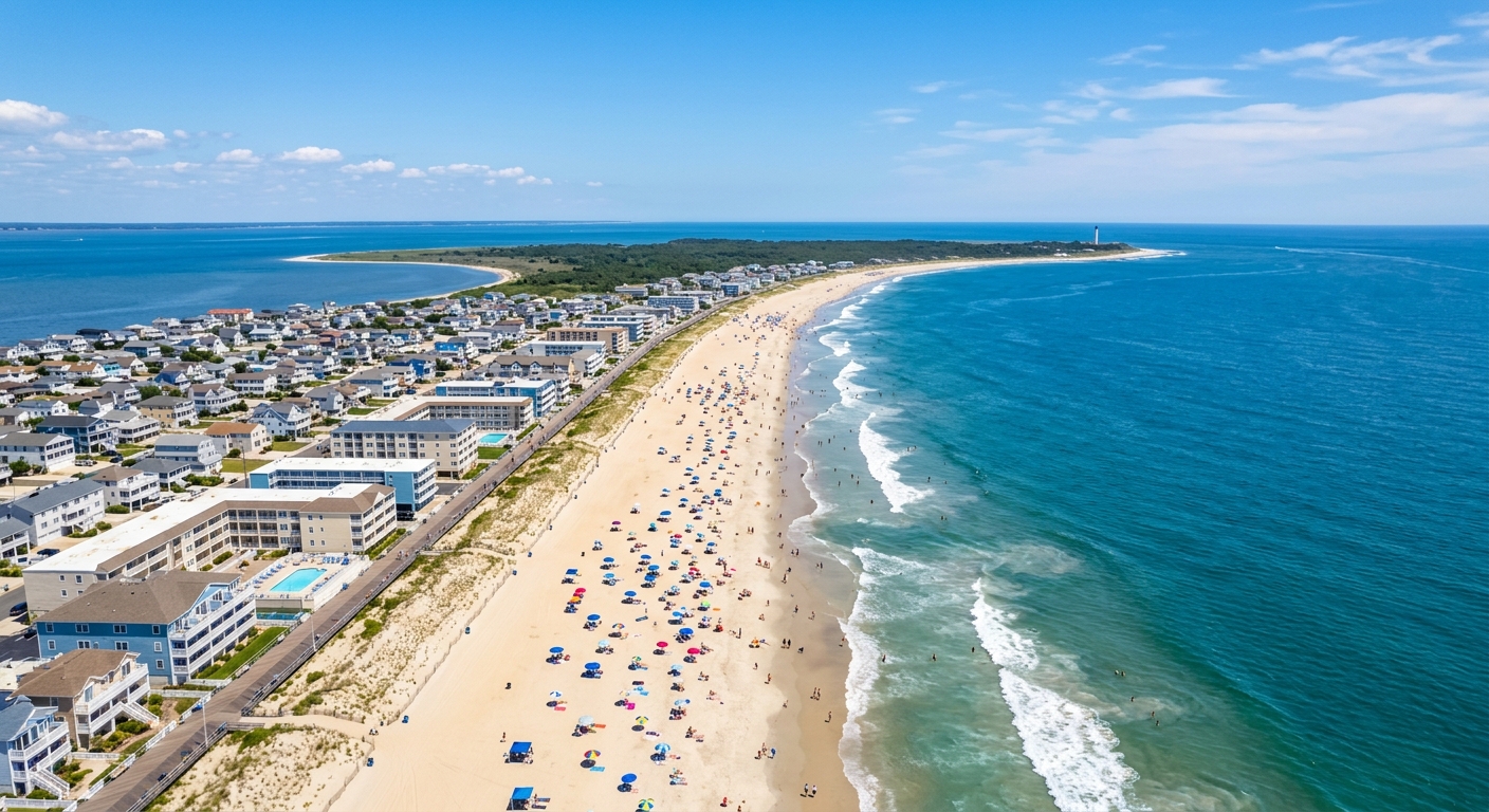 An aerial view of Wildwood Crest's expansive sandy beach stretching toward Cape May with pristine bl