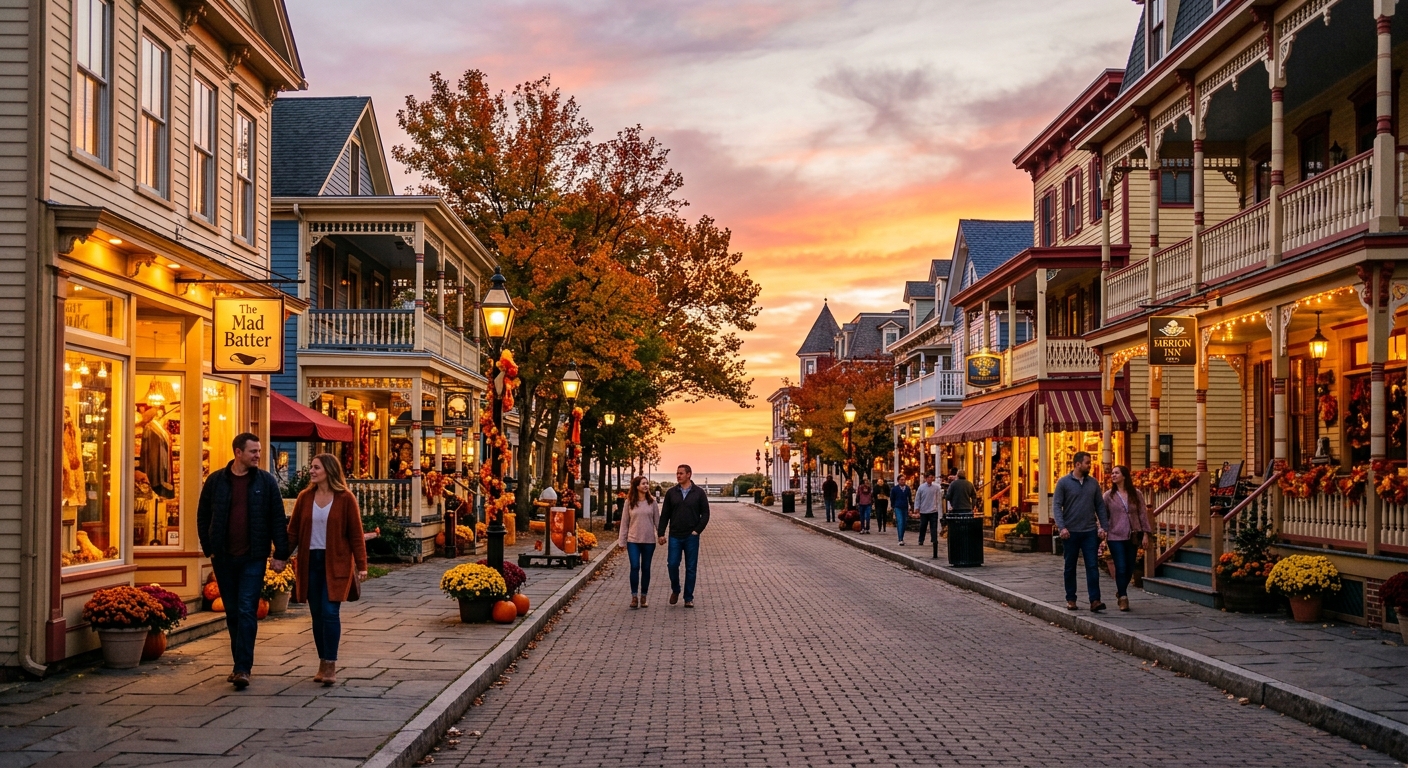 A sunset view of Cape May's Victorian architecture and charming downtown streets with couples stroll