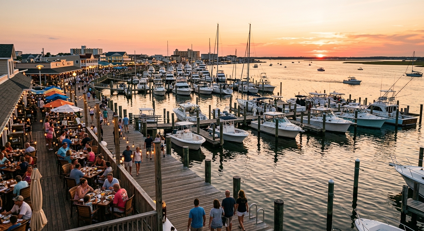 The bustling Wildwood Crest marina district on a summer evening with boats docked at the marina, out